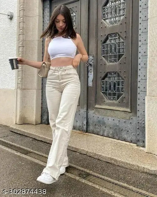 Beige ITALY high-waist wide leg denim jeans, one size up, Indian made