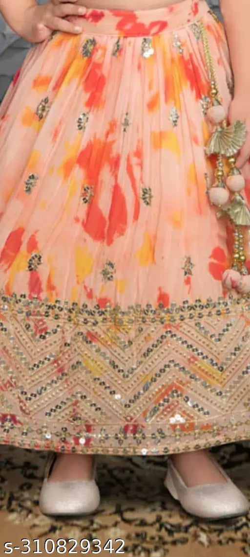 Multicolor sequin embroidered Georgette lehenga-blouse set with dupatta, trendy festive wear for kids aged 2-14 years, India origin