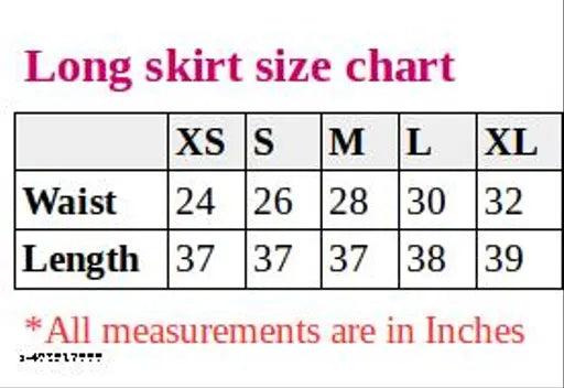 Long skirt size chart with visible size specifications, waist width measurement guide, and length indicator in inches