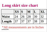 Long skirt size chart with visible size specifications, waist width measurement guide, and length indicator in inches