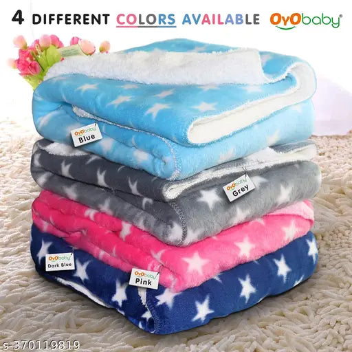 Star Grey Fleece Baby Blanket, 75cm x 100cm, ideal for heavy winter, features geometric print, suitable for 9-month-old babies from OYO BABY brand, promotes comfortable sleep and visual stimulation