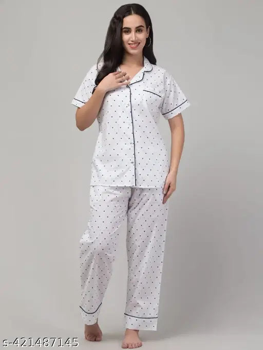 Printed cotton pajama set with short sleeves and matching bottoms, India-origin night suit for women