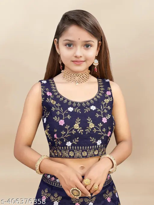 Semi-stitched blue silk lehenga choli and net dupatta for baby girls, embroidered and embellished Indian party wear