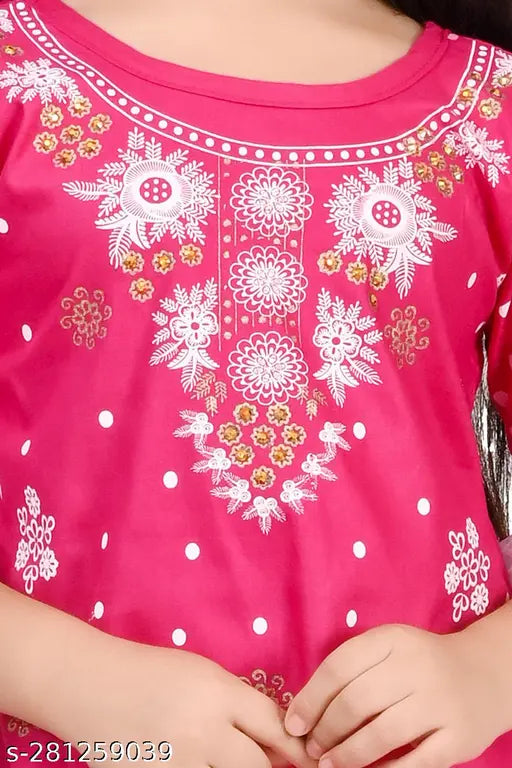 Printed rayon A-line kurti skirt set for kids with dupatta, India origin