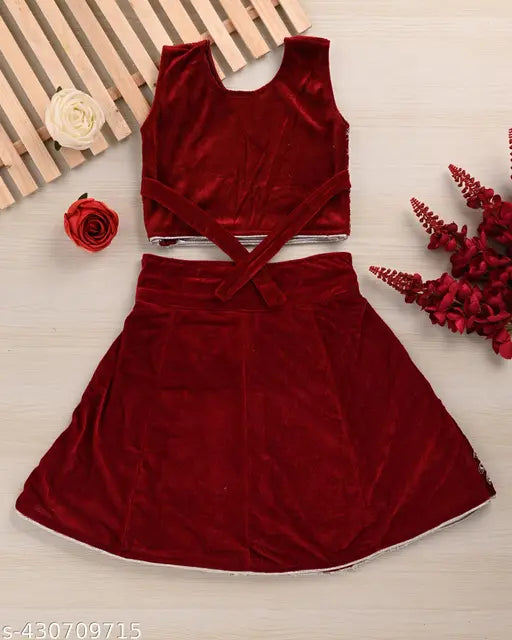 Velvet kid's lehenga with mirror work, suitable for baby girls and girls at weddings