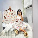 Quirky print silk blend ladies night suit, luxurious and comfortable sleepwear with short sleeves, Indian origin