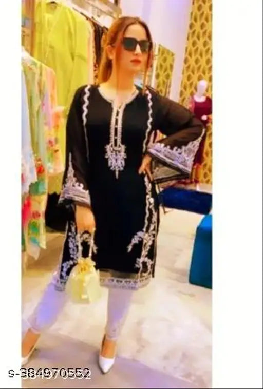 Georgette kurta set with crepe pants, long sleeves, solid pattern. Indian traditional clothing for women