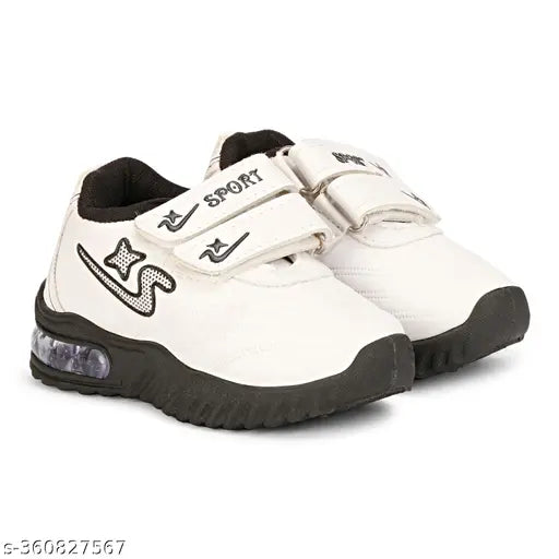 Cute white sneakers with sport branding, featuring black velcro straps