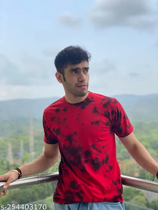 Red tie-dye cotton short sleeved t-shirt, printed pattern on The Tee Tapree brand, handmade in India