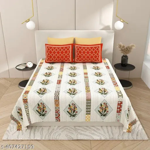 100% Cotton Double Bed Sheet with Embroidery, Red & White, 2 Pillow Covers - 407427159