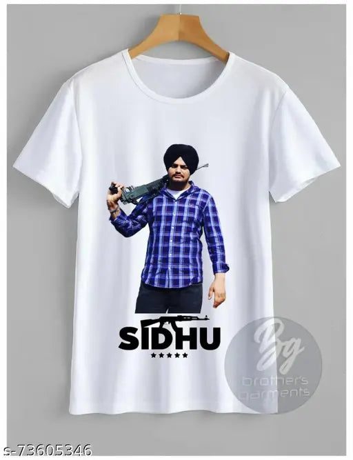 White polyester short-sleeve t-shirt with printed net pattern, Sidhu Gun logo. Made in India