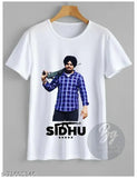 White polyester short-sleeve t-shirt with printed net pattern, Sidhu Gun logo. Made in India