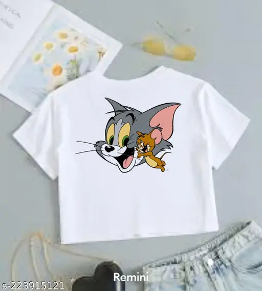 Tom and Jerry cropped polycotton t-shirt for girls (8-16 years), cartoon print design by Vivian Marketing, India