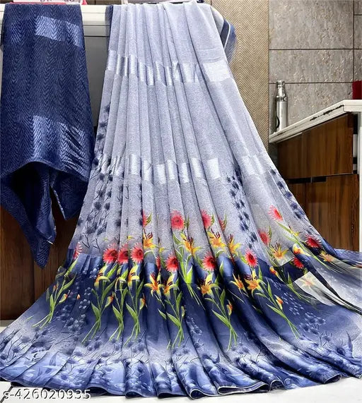 New hit all season saree with floral design, blue and red tones