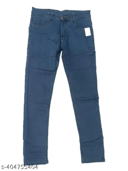 Stretchable cotton-blend men's jeans, solid pattern, high quality fit for sizes 28, 30, 36 (length 41/42 in), Indian origin