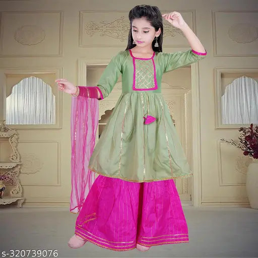 Dupion silk anarkali kurta sharara & dupatta set for girls, embellished and lace-trimmed, comfortable for all seasons