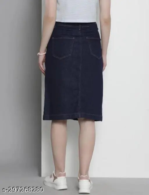 Denim, solid pattern, knee-length skirt for women. Made in India, size options: 28, 30, 32, 34, 36, 38, 40