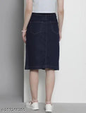 Denim, solid pattern, knee-length skirt for women. Made in India, size options: 28, 30, 32, 34, 36, 38, 40