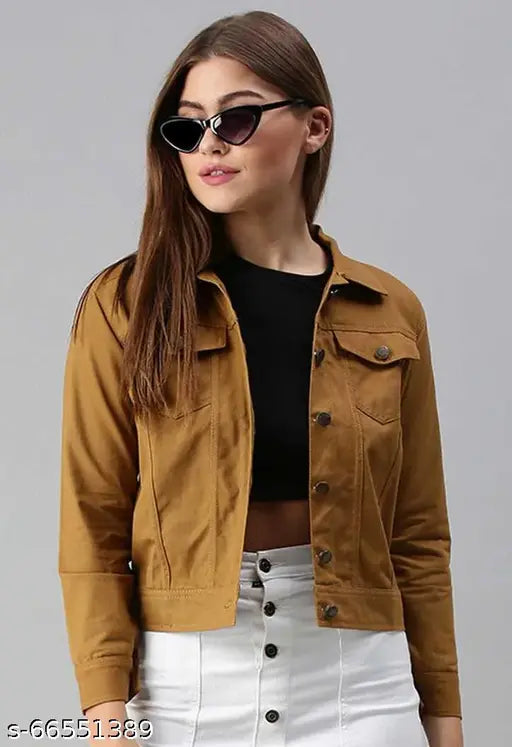 Brown denim casual jacket, three-quarter sleeves, solid design, flap pockets, India origin