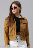 Brown denim casual jacket, three-quarter sleeves, solid design, flap pockets, India origin