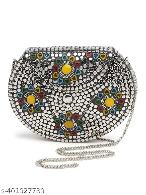 Silver metallic handbag with colorful embroidery, round studs