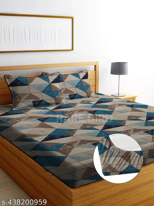 Multi-colored Glace cotton elastic-fitted King Size double bedsheet with 2 pillow covers, ideal for 4-8 inch mattresses. Breathable, wrinkle-free, and easy to wash at home