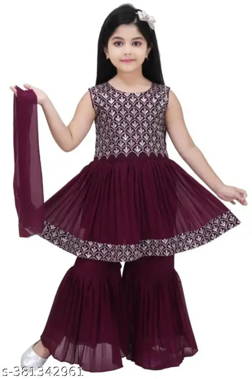 Chiffon embroidered kurta set with dupatta and bottomwear, best quality children's clothing from India (9-12 months - 11-12 years)