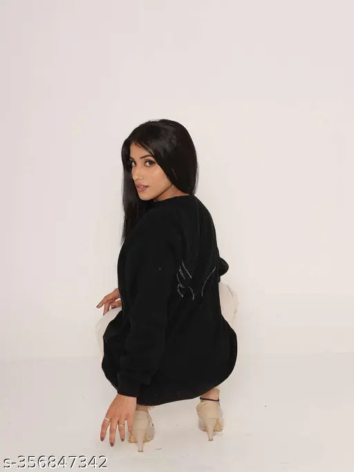 Wool self-design crop sweater with floral print and round neck, long sleeves, size M (36in bust, 25in length)