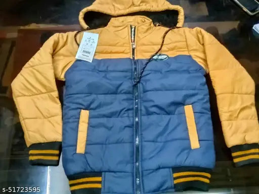 Stylish boys puffer jacket, navy blue and yellow zip, hooded, fleece lining