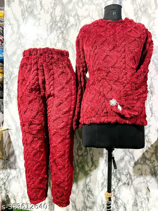 Winter night set for soft wool self-design net premium woolen pyjamas for cold weather, free size (Top Bust 44in, Top Len 25in, Waist 34in, Hip 36in, Len 40in), on hanger