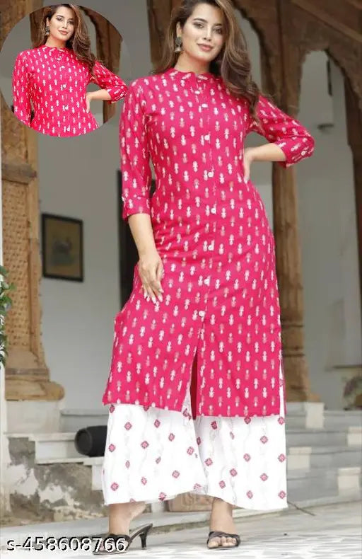 Rayon printed designer kurti for women, three-quarter sleeve, Indian wedding and party wear, A-line style