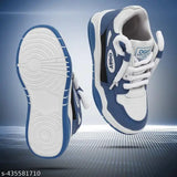 Blue and white athletic shoes with lace-up front, visible brand label on side