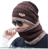 Brown acrylic beanie cap & fur-lined scarf set, soft and trendy men's winter wear for a stylish fit