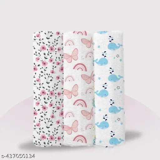 3-pack white organic muslin swaddles with pink butterfly print, soft baby blanket.