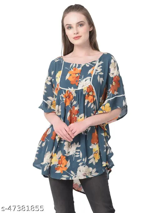 Rayon floral print round neck top, vibrant Indian design, half sleeve