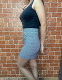 Cotton blend checked skirt with extra panel stitch, soft ribbed texture, high waistband. Sizes: 26, 28, 30, 32 (Waist 26-32in, Length 17in). Made in India