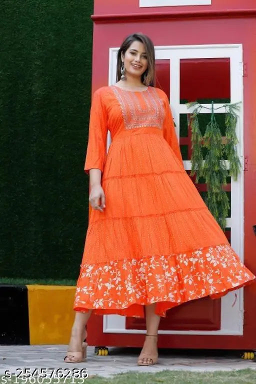 Rayon sequence embroidered Anarkali Kurta dress, printed combo, three-quarter sleeves. Women's fashion from India