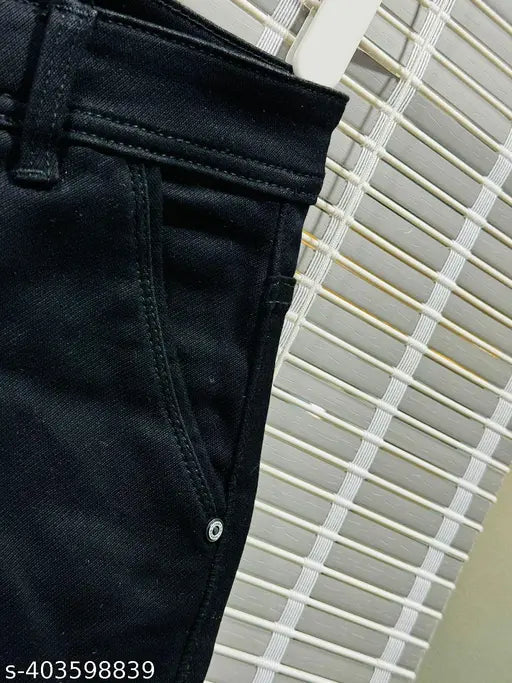 Black cotton men's slim fit jeans, zip fly closure