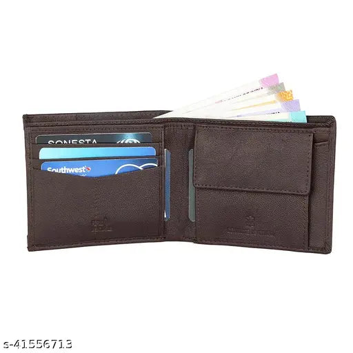 Brown genuine leather men's casual travel formal wallet, 3 compartments for cards, IDs, bills, and photo sleeves. Compact, lightweight, and durable accessory perfect for gifting
