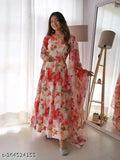 Flower print georgette gown for women, long sleeves, fitted bodice, flared skirt