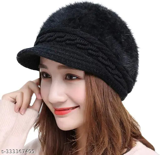 Black wool furry acrylic skull cap for women in winter