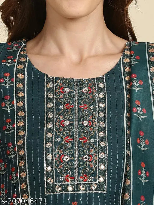 Dark blue embroidered women's kurta with matching dupatta, boat neckline, puff sleeves