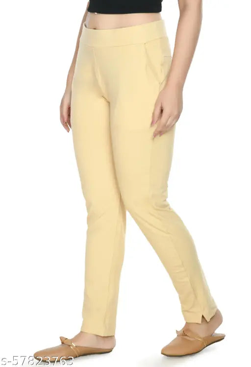 Beige cotton jeggings by PREEGO - Stylish, comfortable, and perfect for work or play. Made in India