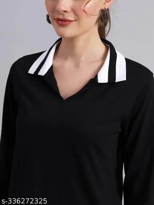 Solid black long sleeve cotton t-shirt, THE DRY STATE women's polo neck, made in India