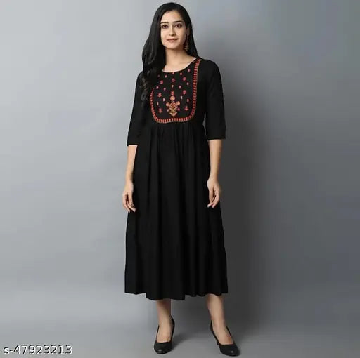 Black rayon long kurta, embroidered with intricate designs