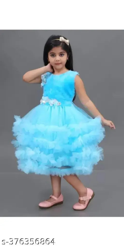 Yellow net flare dress for girls by SMS Dresses, featuring ruffles & floral appliques, size 1-11 years