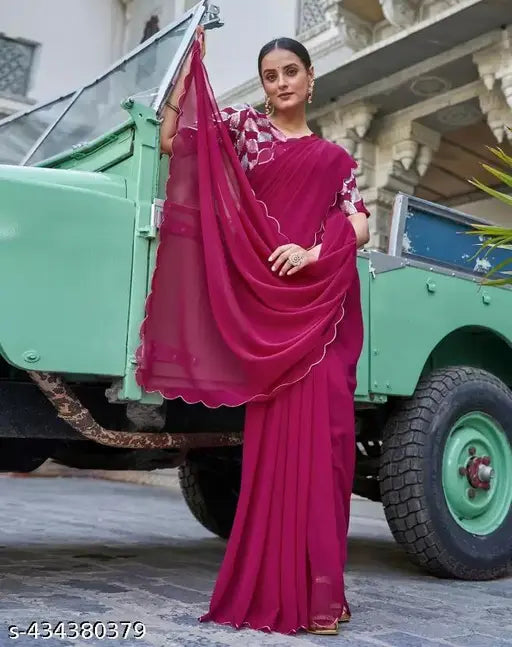 Pink georgette saree with full work blouse, featuring a beautiful leaf design on the border. 63 inches long