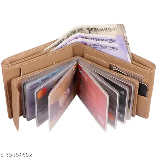 Brown faux leather men's wallet with 10 card slots, 2 compartments. Handmade luxury accessory for gentlemen, India origin