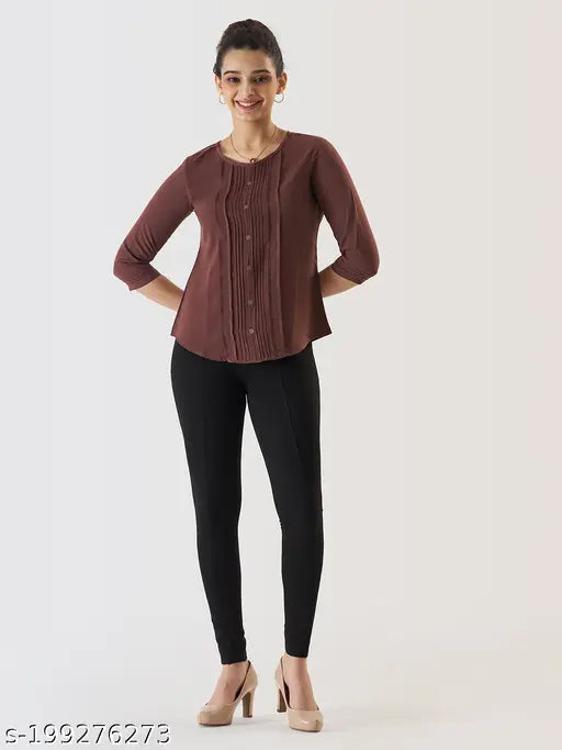 Brown cotton blend solid women's top with three-quarter sleeves, crew neckline, and elegant silhouette - Prettify casual style from India