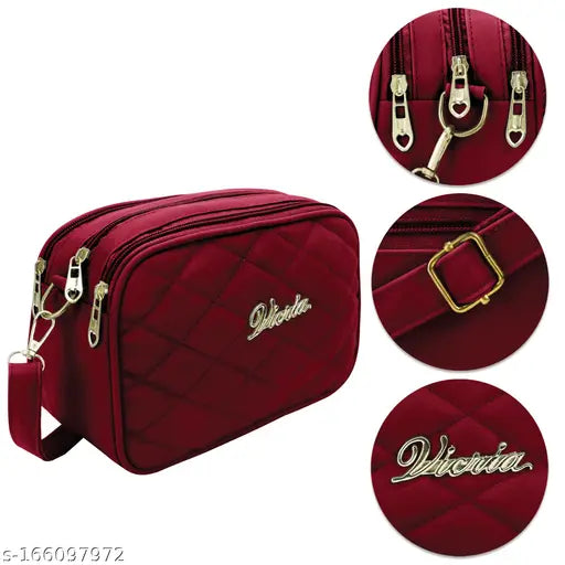 Red quilted sling bag with zip closure and brand logo
